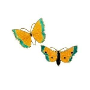 Vintage Enamel Butterfly Brooch Set Yellow Green Gold Tone Metal Pins